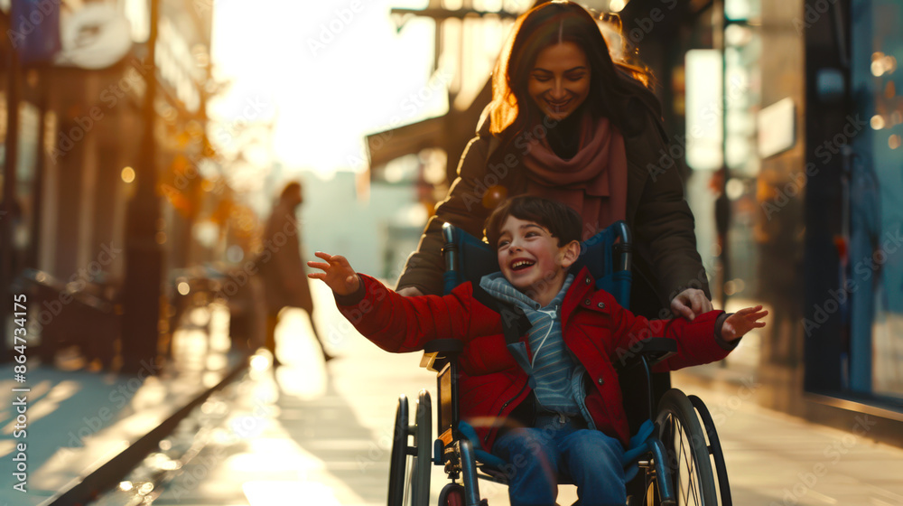 A mother drives her little disabled son in a wheelchair around the city. The child is smiling and happy to walk. The concept of love and care A mother drives her little disabled son in a wheelchair around the city. The child is smiling and happy to walk. The concept of love and care