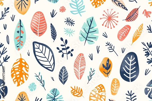 tropical leaves hand drawn doodle style on white background