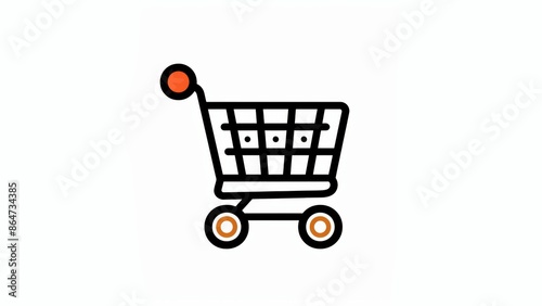 A simple line art icon of an online shopping cart filled with items, minimalist design, black lines, orange point color, clear depiction of excessive consumption, white background