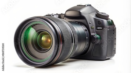 Professional DSLR camera body with zoom lens showcased in various angles on isolated white background, highlighting sleek design and cutting-edge technology in photography industry.