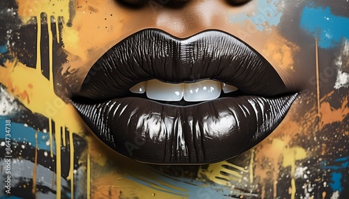 human black lips on graffiti wall; pop art