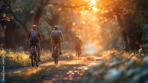 Bike Ride Through A Green Park. Illustration On The Theme Of Travel And Tourism, Sports And Recreation. Generative AI	
