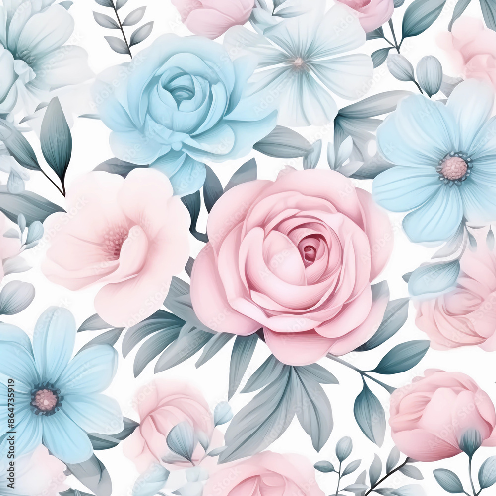 A seamless pattern with pastel blue and pink roses