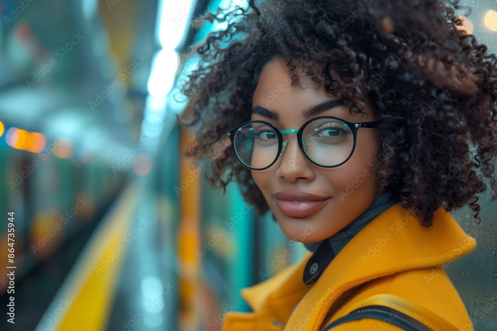 Smiling woman in yellow coat on subway platform. Young woman with curly hair and glasses, wearing a yellow coat, smiles while standing on a subway platform with a train in the background. Smiling woman in yellow coat on subway platform. Young woman with curly hair and glasses, wearing a yellow coat, smiles while standing on a subway platform with a train in the background.
