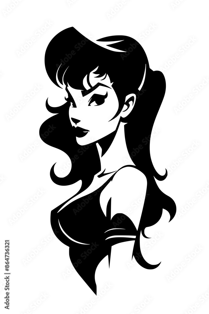 Stylized Female Portrait with Retro Hairstyle, Illustration of a stylized female face with a retro hairstyle, featuring sharp lines and a confident expression, in black and white.
Stylized Female Portrait with Retro Hairstyle, Illustration of a stylized female face with a retro hairstyle, featuring sharp lines and a confident expression, in black and white.
