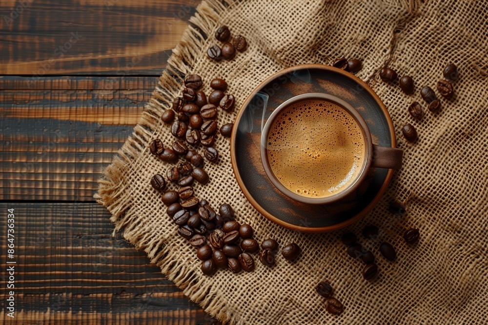 Steaming Coffee Cup on Burlap Sack. Hot cup of coffee emitting steam, placed on a burlap sack with scattered coffee beans, creating a warm and rustic atmosphere. Steaming Coffee Cup on Burlap Sack. Hot cup of coffee emitting steam, placed on a burlap sack with scattered coffee beans, creating a warm and rustic atmosphere.