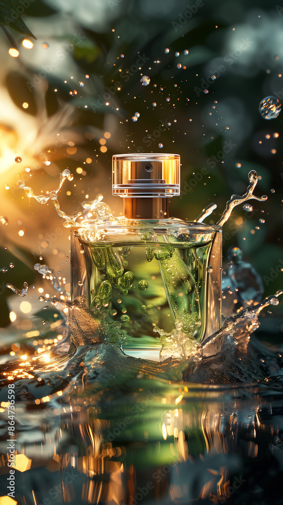 Beautiful perfume bottle in water outdoors Beautiful perfume bottle in water outdoors