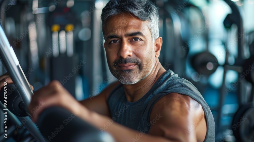 Dedication to Fitness: Indian Man in His Forties Lifting Weights at the Gym