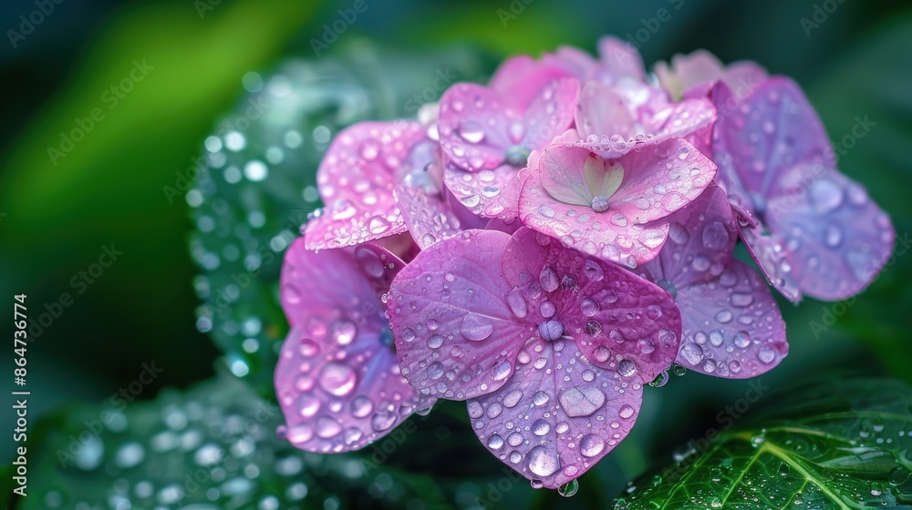 Macro shot of a single hydrangea bloom with dew drops glistening on the petals, capturing the freshness and delicate nature of the flower Macro shot of a single hydrangea bloom with dew drops glistening on the petals, capturing the freshness and delicate nature of the flower