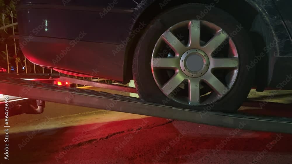 A black damaged car involved in accident is being towed by a tow truck ramp