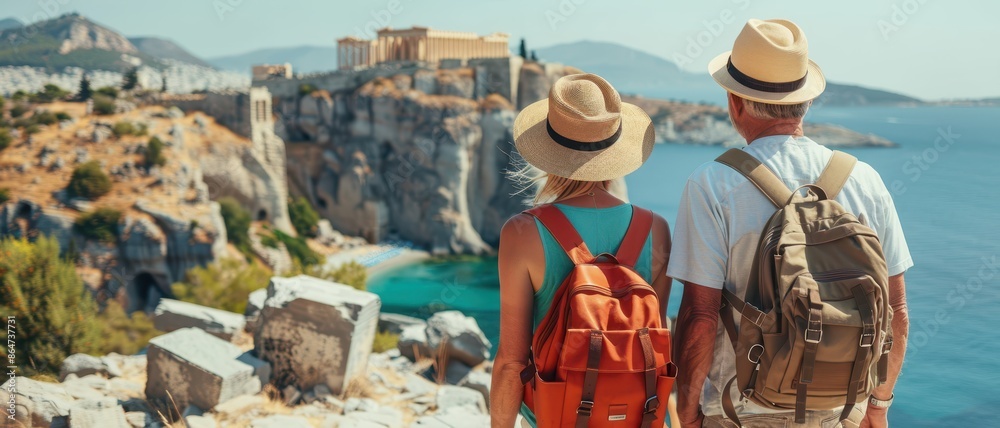 Fototapeta premium Seniors exploring ancient ruins in Greece, Retirement travel, Historical exploration and wonder