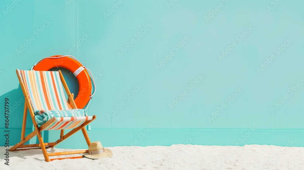 Minimalist Summer Beach Scene with Orange Lifebuoy and Striped Chair Against Turquoise Wall Minimalist Summer Beach Scene with Orange Lifebuoy and Striped Chair Against Turquoise Wall