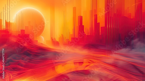 Abstract Futuristic Landscape with Orange Sun