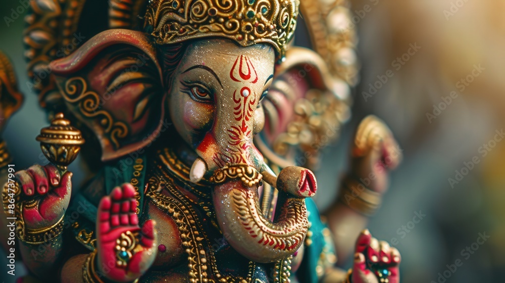 Obraz premium Close-up of a beautifully adorned Ganesha idol with intricate details, vibrant colors, and traditional ornaments, highlighting the artistry and devotion in Hindu culture 