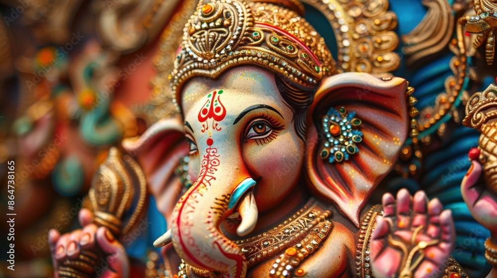 Fototapeta premium Close-up of a beautifully adorned Ganesha idol with intricate details, vibrant colors, and traditional ornaments, highlighting the artistry and devotion in Hindu culture 