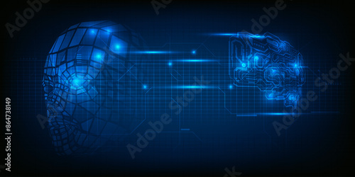 Abstract artificial intelligence technology background with human droid computing with digital brains system.Futuristic technology concept.