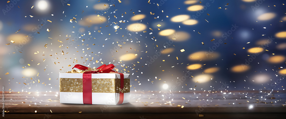 Merry Christmas and Happy New Year. Background with realistic festive gifts box. Xmas present. white with red ribbon gift surprise, Golden Christmas baubles, glitter gold confetti design Merry Christmas and Happy New Year. Background with realistic festive gifts box. Xmas present. white with red ribbon gift surprise, Golden Christmas baubles, glitter gold confetti design