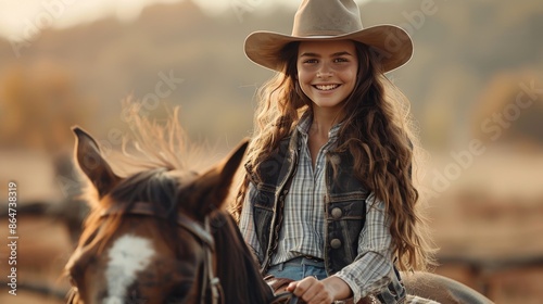 Young woman wearing a charming cowboy outfit Smile brightly while riding your favorite horse. Amidst the vast grass background Convey happiness and connection with nature.


