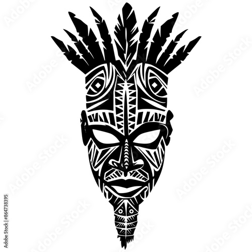 Tribal Mask with Intricate Geometric Patterns, Black and white illustration of a tribal mask featuring intricate geometric patterns and bold, angular shapes, evoking a sense of mysticism and culture.
