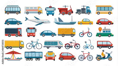 Transport icon set. Containing car, bike, plane, train, bicycle, motorbike, bus and scooter icons. Solid icon collection.