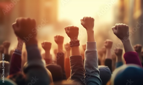 Crowd of People Raising Fists in the Air During a Daytime Protest cityscape background