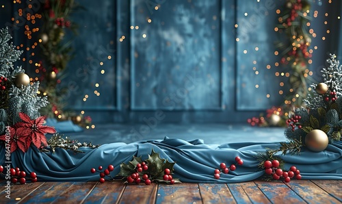 product display podium scene with blue textile cloth and christmas decorations.photo stock