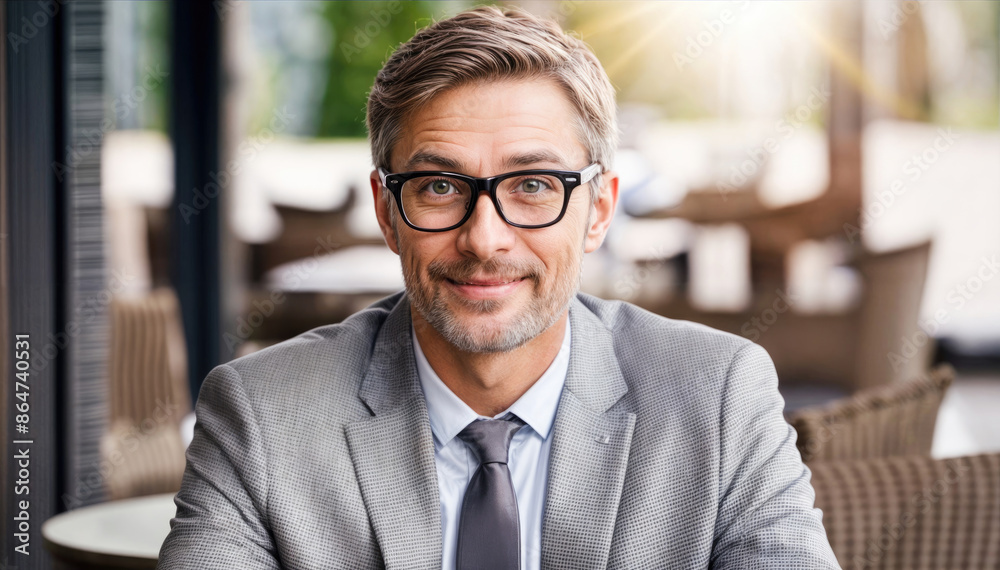 A middle-aged man in glasses and a gray suit, sitting at a cafe table