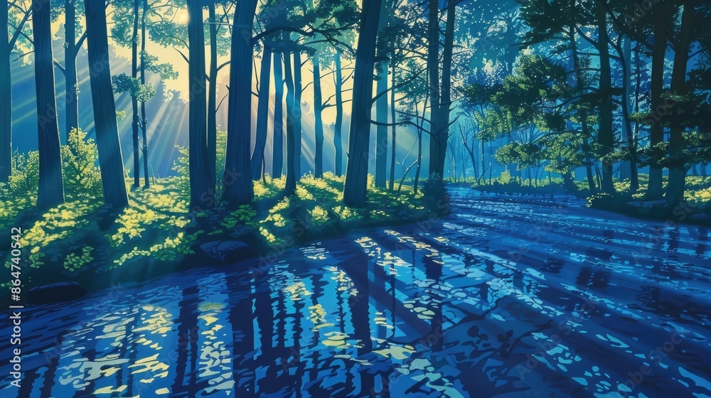 Fototapeta premium A realistic wall painting of a forest landscape during blue hour, with tall trees casting long shadows over a gently flowing river. The 3D fractal texture in the leaves and water creates a