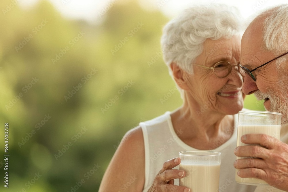Active Senior Couple Enjoying Clear Protein Shakes During Sunny Morning Walk in Lush Park Active Senior Couple Enjoying Clear Protein Shakes During Sunny Morning Walk in Lush Park