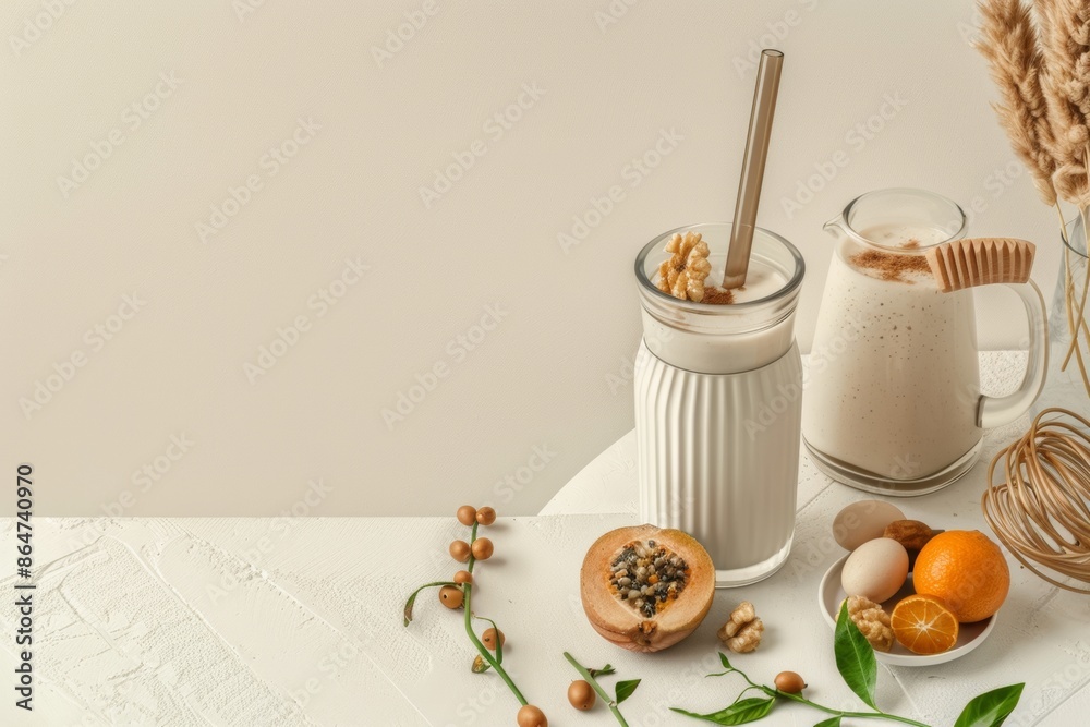 Fototapeta premium Preparing Health-Conscious Collagen-Infused Smoothie with Fresh Fruits and Blender in a Modern Kitchen Setting