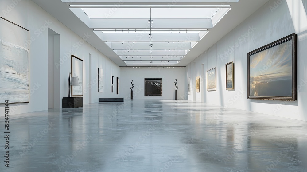Obraz premium Modern Art Gallery Interior with White Walls and Concrete Floor. Paintings and Photorealistic Sculpture in Natural Light