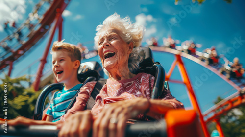 Fototapeta An old gray-haired woman and a little boy ride a roller coaster. Grandma and grandson have fun at the amusement park. The scene is joyful and funny