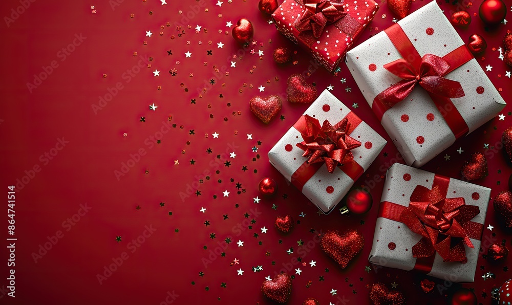 valentines day banner design top view gift boxes with red ribbon bows hearts confetti on red background.illustration valentines day banner design top view gift boxes with red ribbon bows hearts confetti on red background.illustration