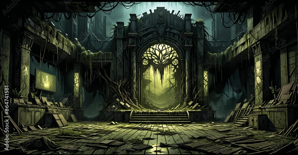 Obraz premium old abandoned building theatre house post apocalyptic ruins. overgrown architecture exterior at night.