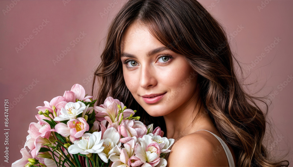 Young Woman Holding Flowers Against Pink Background Young Woman Holding Flowers Against Pink Background