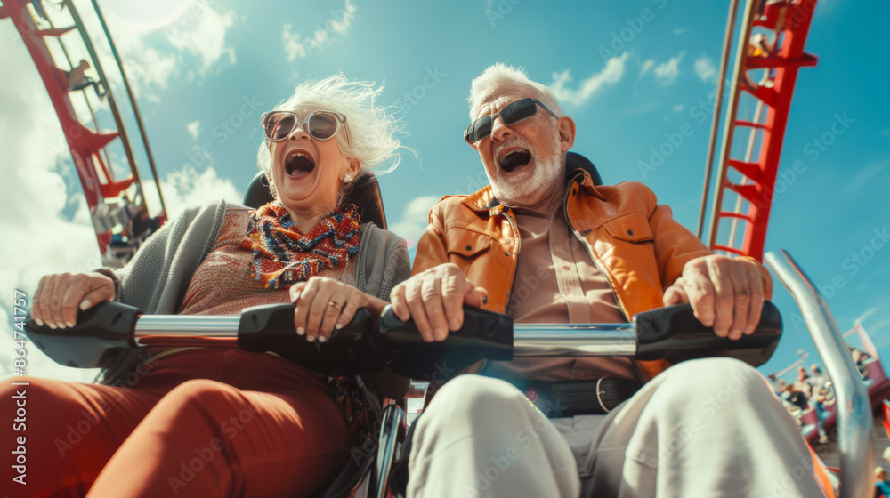 © chekart - A couple of happy cheerful elderly people are riding a roller coaster on a sunny warm day. They are laughing and enjoying the ride. Summer entertainment