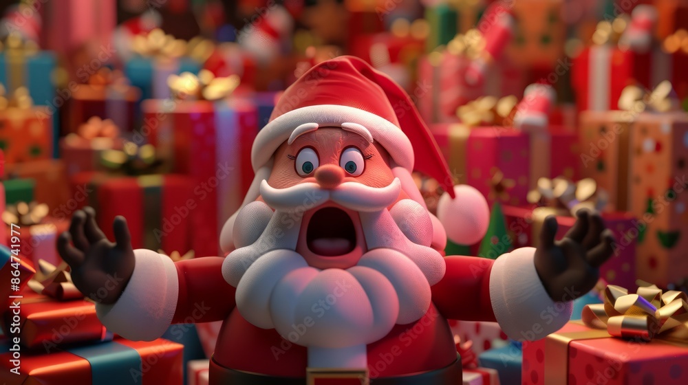 3D cartoon Santa Claus is excited and shocked with many boxes of gifts on Christmas Day. 3D cartoon Santa Claus is excited and shocked with many boxes of gifts on Christmas Day.