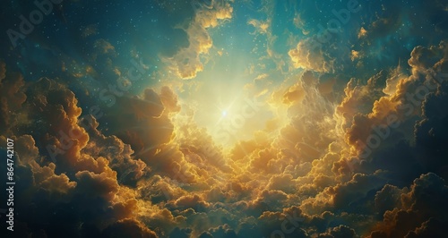 Golden Sunset Through Clouds in a Starry Night Sky