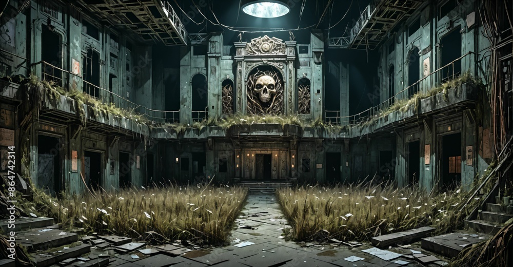 Obraz premium old abandoned theatre building interior. overgrown architecture with eroded post apocalyptic auditorium stage and seating at night.