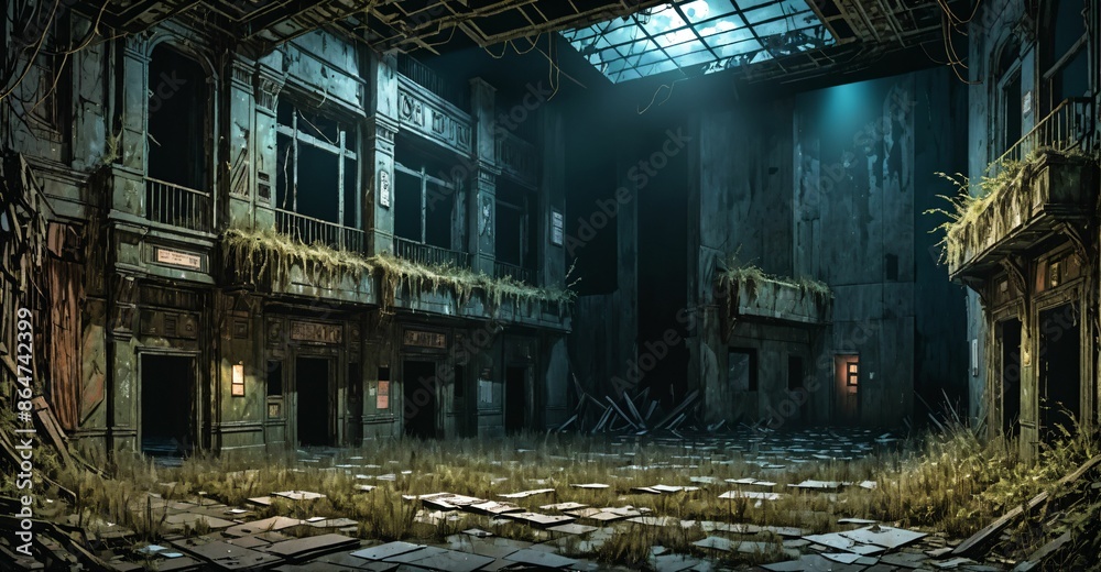 old abandoned theatre building interior. overgrown architecture with eroded post apocalyptic auditorium stage and seating at night.