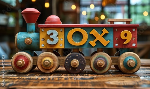 wooden toy locomotive with numbers on brown background child development and early learning.image illustration
