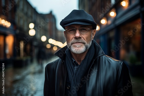Portrait of an old man with a gray beard wearing a hat and a coat on a city street at night.