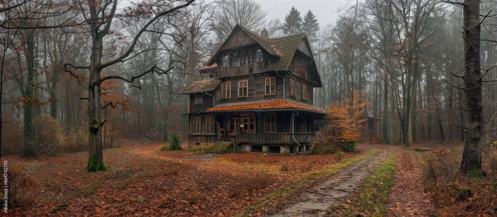 Obraz premium Wooden House in a Misty Forest