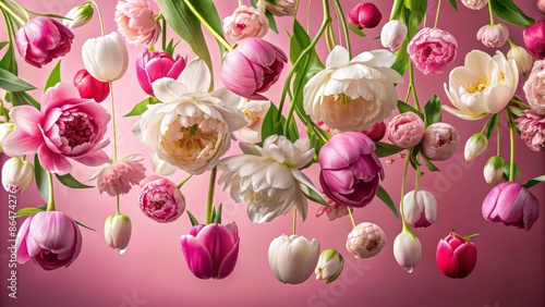 Vibrant spring flowers, including pink peonies and white tulips, are artistically scattered in mid-air against a soft pink background, evoking joy and romantic whimsy.