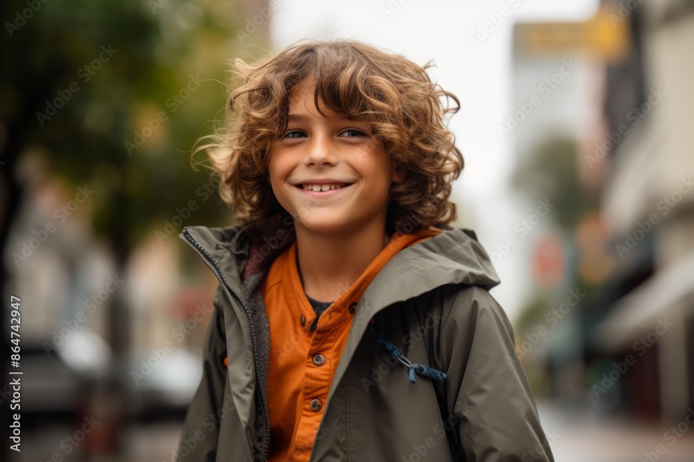portrait of smiling boy in autumn coat on city street, outdoors portrait of smiling boy in autumn coat on city street, outdoors