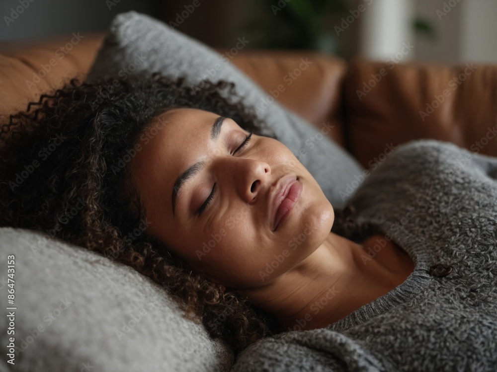 Happy biracial woman relax on couch with eyes closed. Happy biracial woman relax on couch with eyes closed.