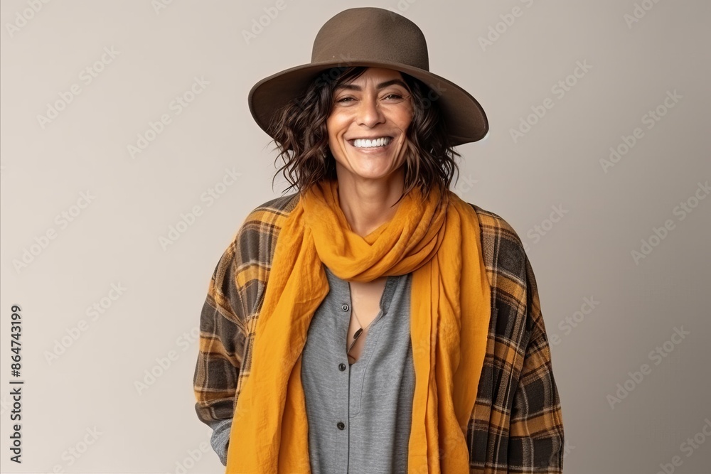 Smiling woman wearing a hat and scarf, looking at the camera Smiling woman wearing a hat and scarf, looking at the camera