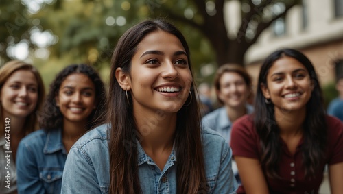 Happy diverse college friends listening to indian female teammate.