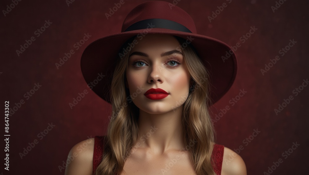Elegant lady in wide brimmed hat with red lips makeup on burgundy background Young and beautiful woman is ready for vacation or party Retro fashion concept Banner with copy space. Elegant lady in wide brimmed hat with red lips makeup on burgundy background Young and beautiful woman is ready for vacation or party Retro fashion concept Banner with copy space.