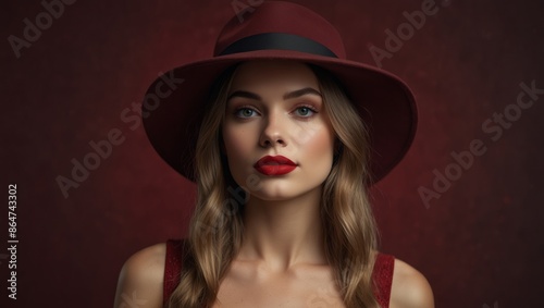 Elegant lady in wide brimmed hat with red lips makeup on burgundy background Young and beautiful woman is ready for vacation or party Retro fashion concept Banner with copy space.